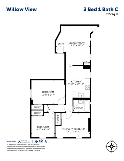 Floor plan for 3 beds, 1 bath, 815 sqft